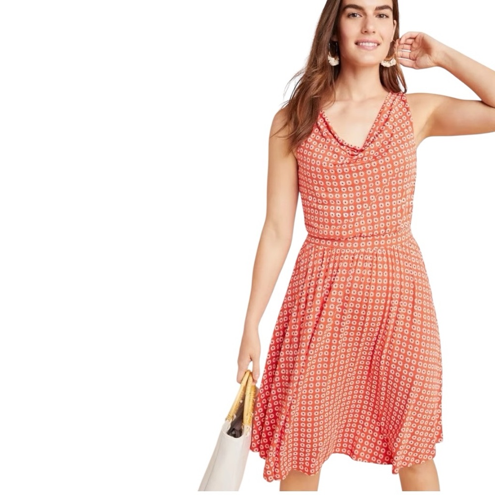 Maeve Anthropologie Brianne Cowl Neck Midi Dress Orange Daisy Floral Medium